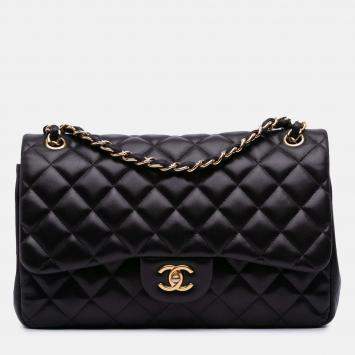 Pre Owned Chanel Classic Double Flap Jumbo Black Lambskin Shoulder Bag