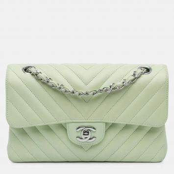 Pre Owned Chanel Classic Double Flap Small Green Chevron Lambskin Shoulder Bag
