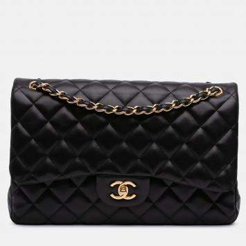 Pre Owned Chanel Classic Double Flap Jumbo Black Lambskin Shoulder Bag
