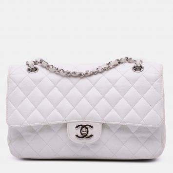 Pre Owned Chanel Classic Double Flap Medium White Caviar Shoulder Bag