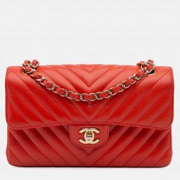 Pre Owned Chanel Classic Double Flap Small Orange Chevron Lambskin Shoulder Bag