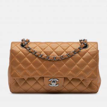 Pre Owned Chanel Classic Double Flap Medium Brown Metallic Caviar Shoulder Bag