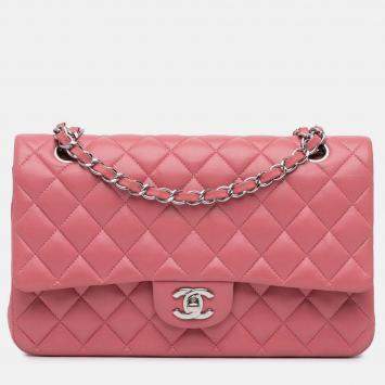 Pre Owned Chanel Classic Double Flap Medium Pink Lambskin Shoulder Bag