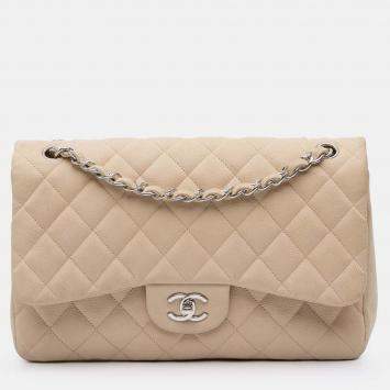 Pre Owned Chanel Classic Double Flap Jumbo Caviar Shoulder Bag
