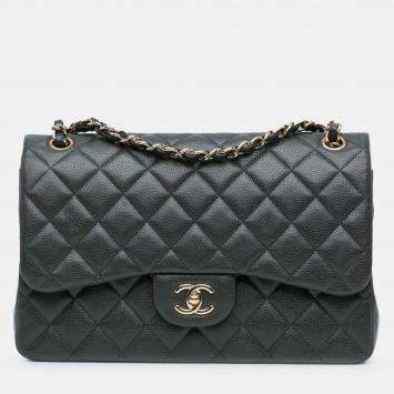 Pre Owned Chanel Classic Double Flap Jumbo Gray Caviar Shoulder Bag