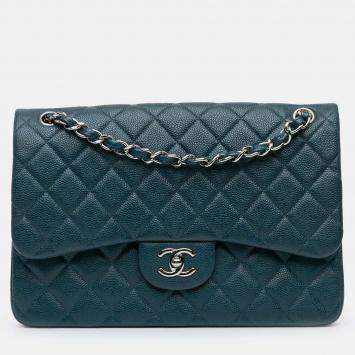 Pre Owned Chanel Classic Double Flap Jumbo Blue Caviar Shoulder Bag