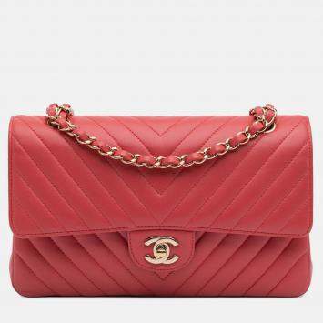 Pre Owned Chanel Classic Double Flap Medium Red Chevron Lambskin Shoulder Bag