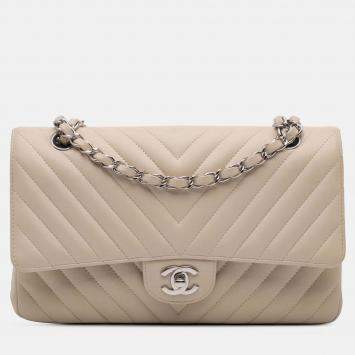 Pre Owned Chanel Classic Double Flap Medium Chevron Lambskin Shoulder Bag