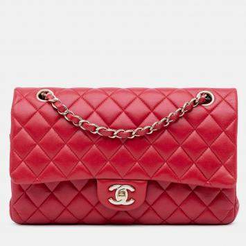 Pre Owned Chanel Classic Double Flap Medium Red Lambskin Shoulder Bag