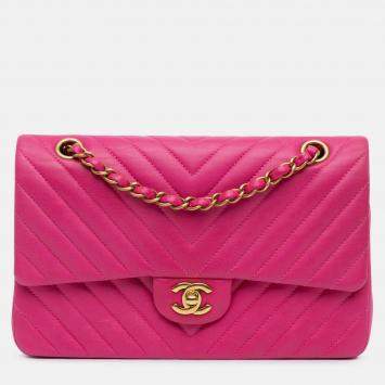 Pre Owned Chanel Classic Double Flap Medium Pink Chevron Lambskin Shoulder Bag