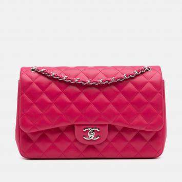 Pre Owned Chanel Classic Double Flap Jumbo Pink Lambskin Shoulder Bag