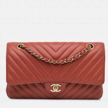 Pre Owned Chanel Classic Double Flap Medium Orange Chevron Lambskin Shoulder Bag