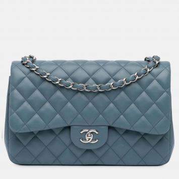 Pre Owned Chanel Classic Double Flap Jumbo Blue Lambskin Shoulder Bag