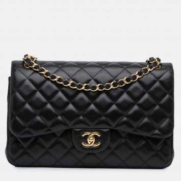 Pre Owned Chanel Classic Double Flap Jumbo Black Lambskin Shoulder Bag