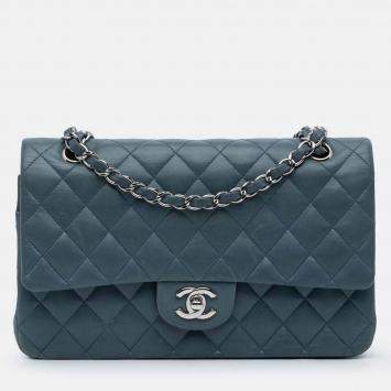 Pre Owned Chanel Classic Double Flap Medium Blue Lambskin Shoulder Bag