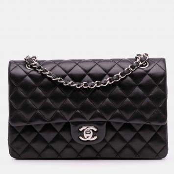 Pre Owned Chanel Black Medium Classic Lambskin Double Flap