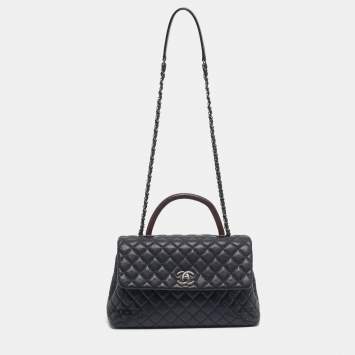 Pre Owned Chanel Navy Blue Caviar Leather and Lizard Medium Coco Top Handle Bag