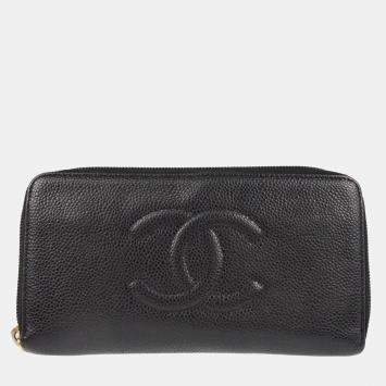 Pre Owned Chanel Zip Around Black Calfskin Long Wallet