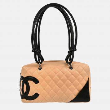 Pre Owned Chanel Beige Black Calfskin Cambon Ligne Bowling Bag