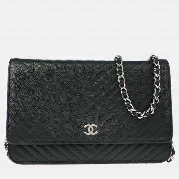 Pre Owned Chanel Black Calfskin Chevron WOC Wallet on Chain Shoulder Bag