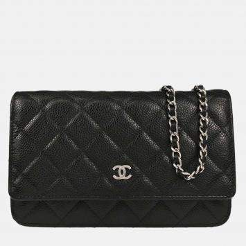 Pre Owned Chanel Classic Black Calfskin Leather Wallet On Chain 