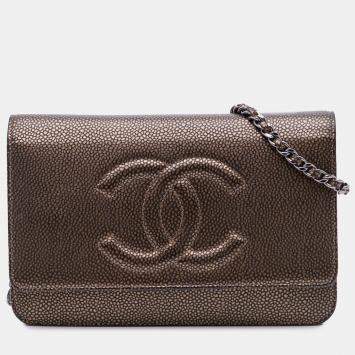 Pre Owned Chanel Brown CC Metallic Caviar Wallet On Chain