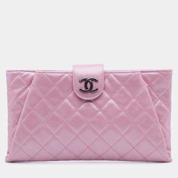 Pre Owned Chanel Pink Quilted Glazed Calfskin Coco Pleats Clutch