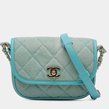 Pre Owned Chanel Blue Mini CC Quilted Denim Messenger Flap