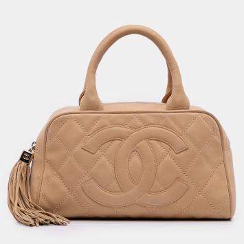 Pre Owned Chanel Brown CC Quilted Caviar Bowling Bag