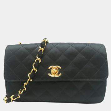Pre Owned Chanel Matelasse Chain Black Satin Shoulder Bag