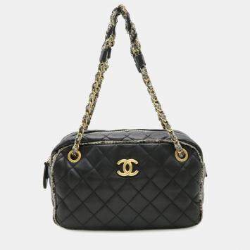 Pre Owned Chanel Matelasse Coco Mark Black Lambskin and Tweed Shoulder Bag
