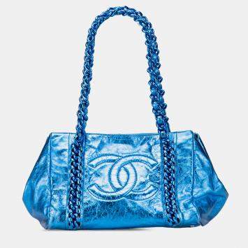Pre Owned Chanel Blue Medium Cracked Metallic Calfskin Modern Chain Tote