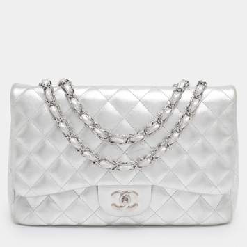 Pre Owned Chanel Silver Quilted Leather Jumbo Classic Single Flap Bag