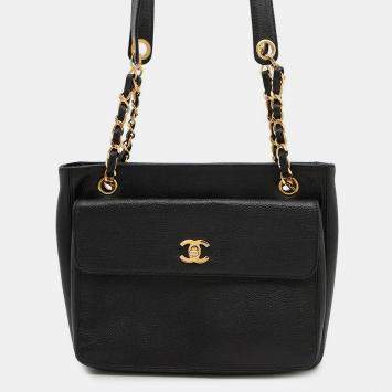 Pre Owned Chanel CC Logo Black Caviar Leather Chain Tote Bag