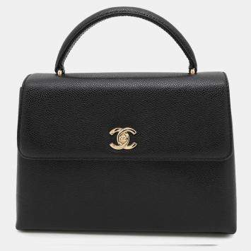 Pre Owned Chanel CC Logo Black Caviar Leather Top Handle Bag