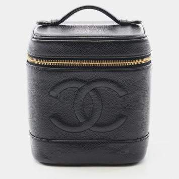 Pre Owned Chanel Cc Logo Vanity Handbag Calfskin Black Ghw Coco