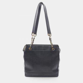 Pre Owned Chanel Triple Coco Shoulder Tote Bag Calfskin Black Ghw Cc