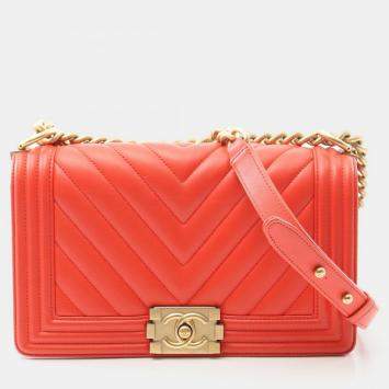 Pre Owned Chanel Boy Chevron Red Lambskin Leather Shoulder Bag