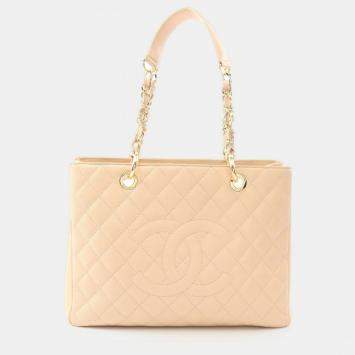 Pre Owned Chanel Matelasse Grand Shopping Gst Chain Tote Bag A50995 Leather Beige Ghw