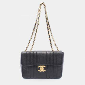 Pre Owned Chanel Mademoiselle Jumbo CC Calfskin Black Chain Shoulder Bag 