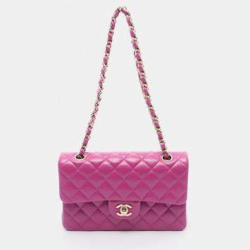 Pre Owned Chanel Matelasse Double Flap Chain Shoulder Bag Calfskin Pink Ghw