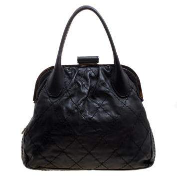 Pre Owned Chanel Black Quilted Leather Expandable Zip Around Frame Satchel