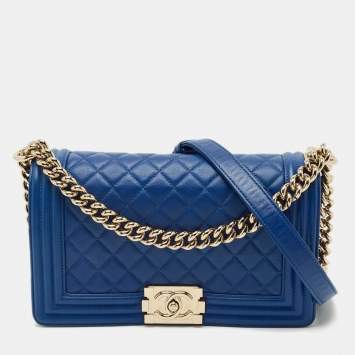 Pre Owned Chanel Navy Blue Quilted Leather Medium Classic Boy Flap Bag