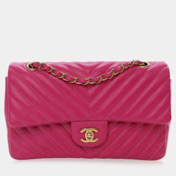 Pre Owned Chanel Pink Medium Classic Chevron Lambskin Double Flap