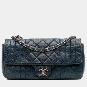 Pre Owned Chanel Navy Blue CC Quilted Perforated Aged Calfskin Flap