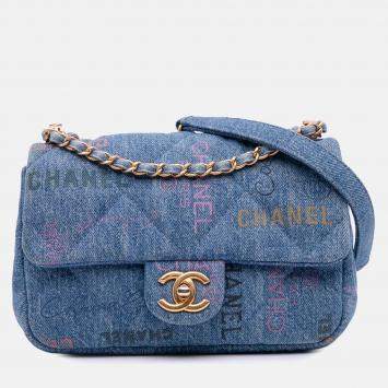 Pre Owned Chanel Blue Mini Rectangular Quilted Denim Mood Flap