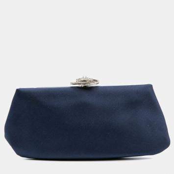 Pre Owned Chanel Navy Blue Satin Crystal Camellia Evening Frame Clutch