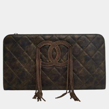 Pre Owned Chanel Black Metallic Lambskin CC Chain Fringe Clutch
