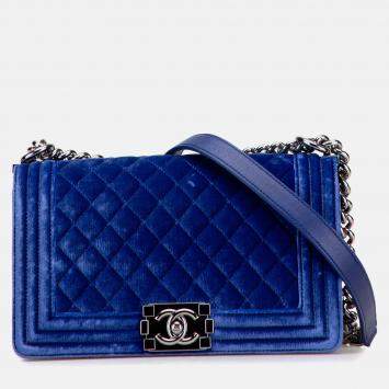 Pre Owned Chanel Blue Old Medium Quilted Velvet Boy Flap