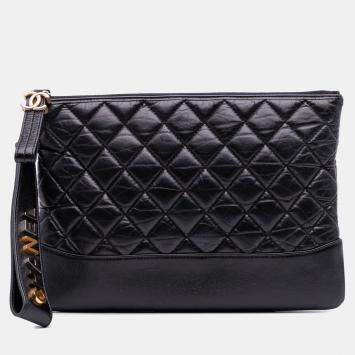Pre Owned Chanel Black Medium Aged Calfskin Gabrielle O Case Clutch